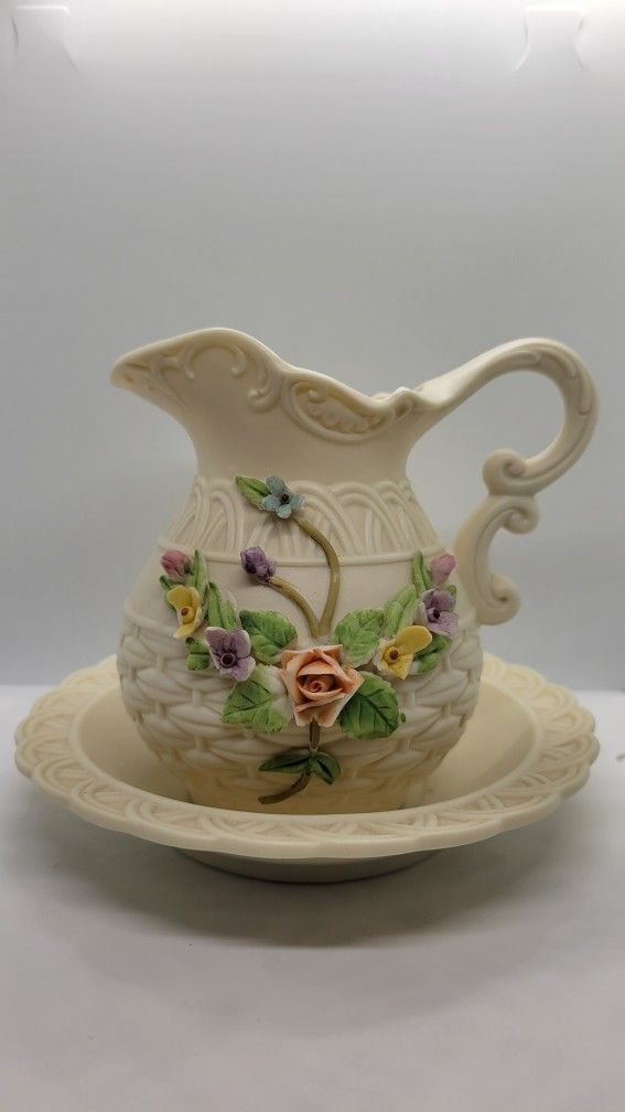 Small Vintage Antique Ivory Lefton Water Pitcher & Bowl