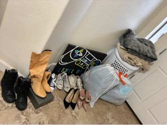 Lot of shoes, clothes, plastic hamper…