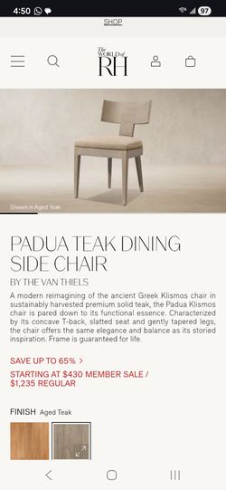 RH Padua Teak Dining Side Chairs  (6)