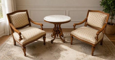 2 Traditional Wood Accent Chairs + Marble Top Side Table – 3 Piece Sitting Set