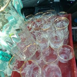 Pitcher with Glasses Vintage Grape Vine Tea Lemonade Patio Glassware Glass Antique Design 