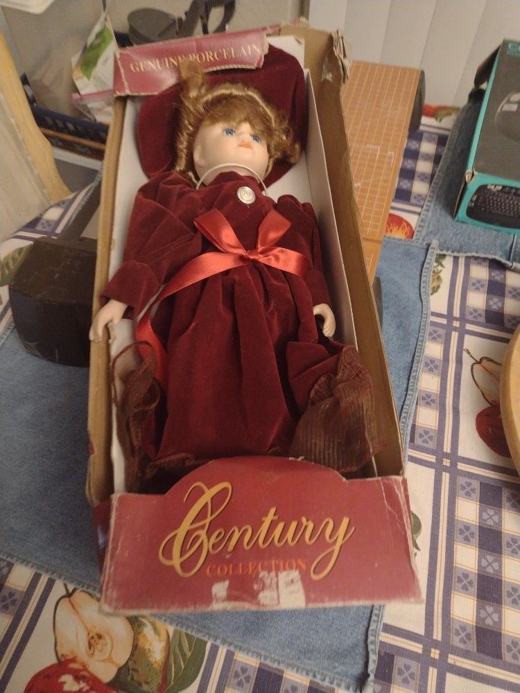 Porcelain Doll In Box W Stand