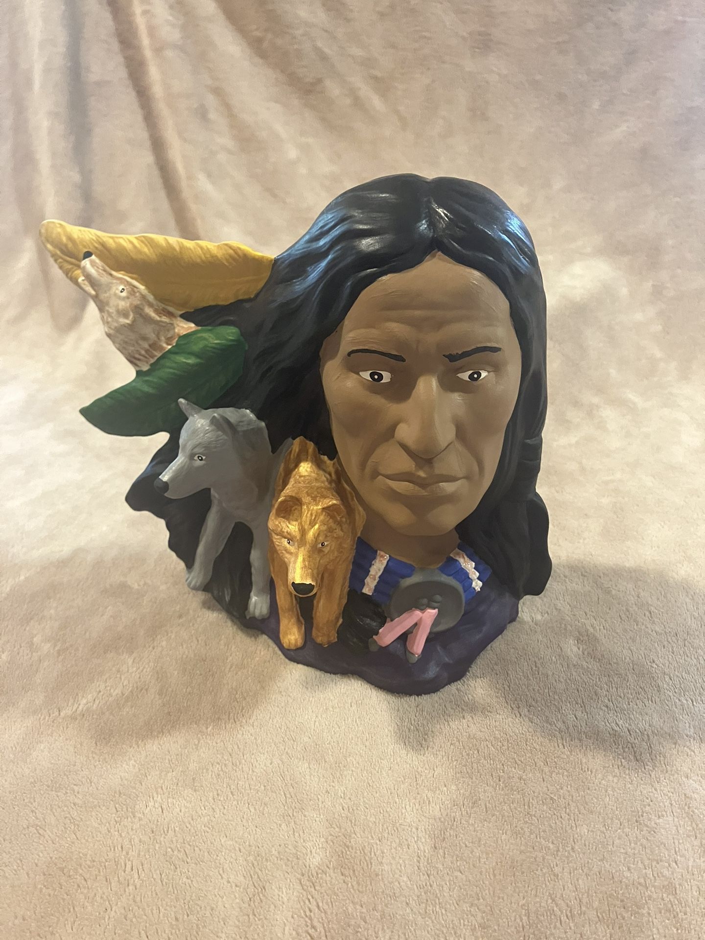 Hand Painted Indian Bust With Wolves