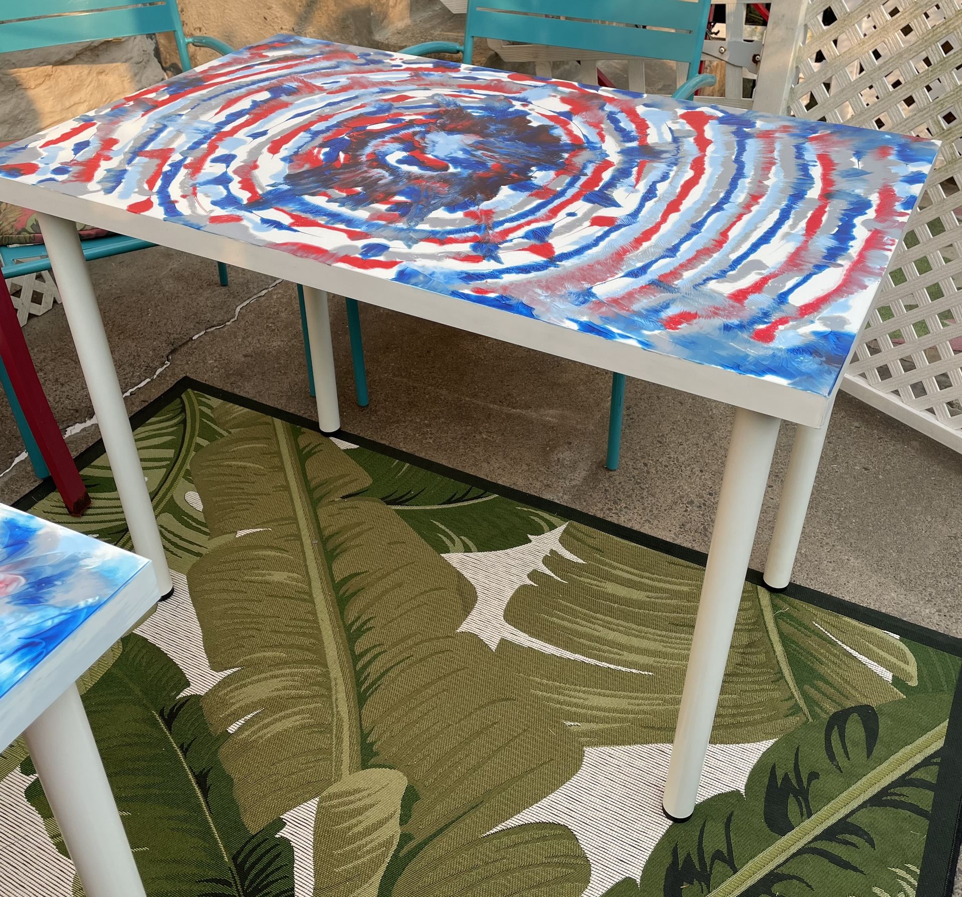 Red White Blue Tie Dye Desk or Table Ikea with Stool