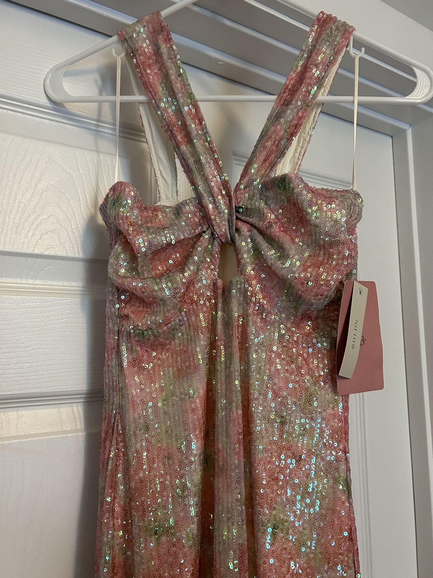 Saylor Faena Pink Green Floral Sequin Halter Midi Dress in Multi