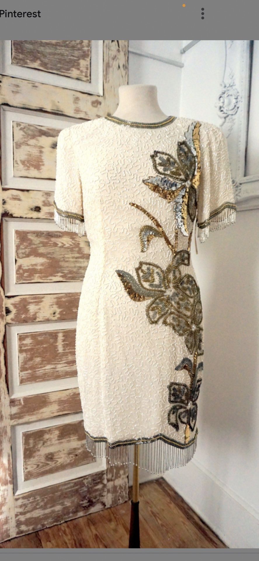 White and Gold Sequin Cocktail Dress / 80s Vintage
