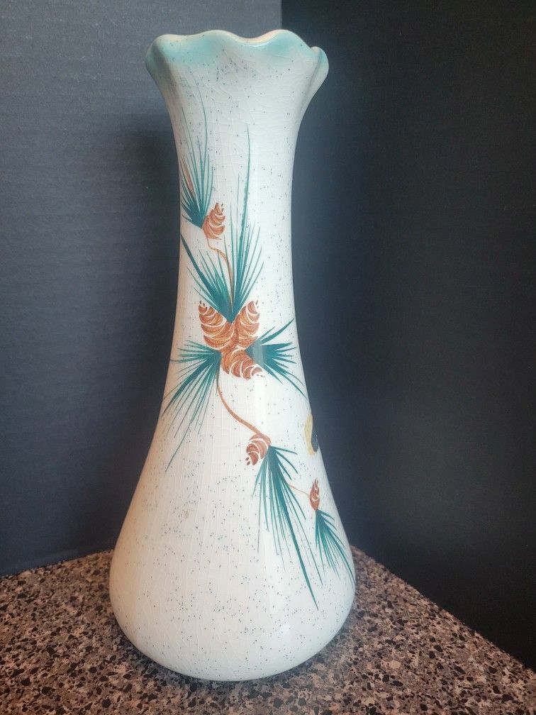 Vintage Romco Rocky Mountain Pottery Pine Cone Vase Speckled Glaze 10.5"