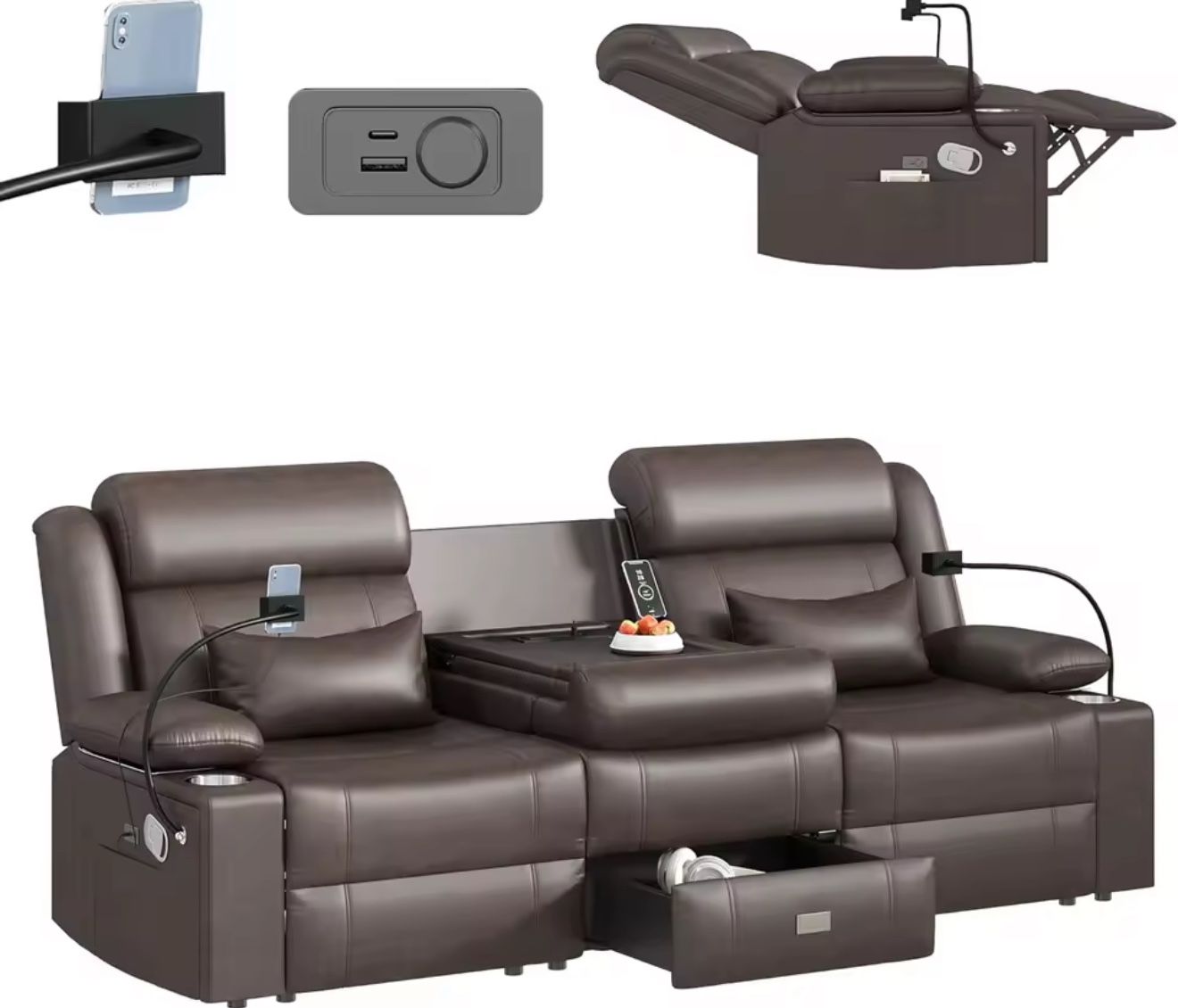 3-Seater PU Leather Recliner Sofa w/ USB Ports, Console & Storage Drawer 