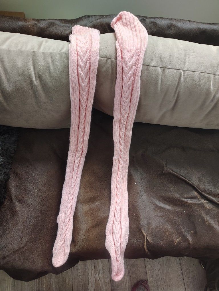 Pink Thigh High Socks With Argyle Detail