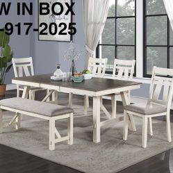 60+18” Leaf X 40 Wide TWO TONED DINING TABLE WITH CHAIRS AND BENCH 