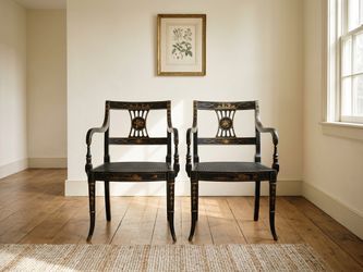 Pair of Vintage Chinoiserie Black Lacquered Cane Armchairs