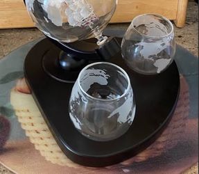 Whiskey Decanter Globe Set w/2 Etched Glasses plus stand for Liquor, Scotch, Whiskey, etc..Beautiful