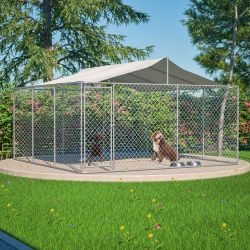 Heavy Duty Outdoor Dog Kennel 14.8x14.8x7.6 ft, Galvanized Chain Link Playpen with Waterproof Anti-UV Cover, Secure Lock, Large Exercise Pen for Puppy