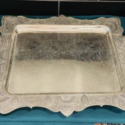 Vintage gorgeous silver plated ornate filigree tray with handles