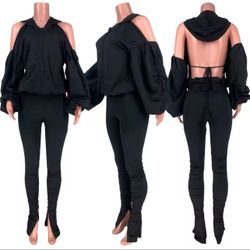 black Two Piece Outfit Set Long Sleeve Tracksuit Oversize Sweatshirt and Sweatpants Set 2 Piece Stac