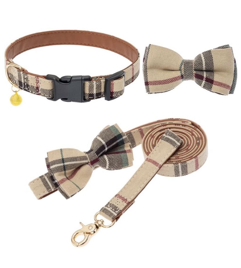 Beige Plaid Collar And Leash Set-Small