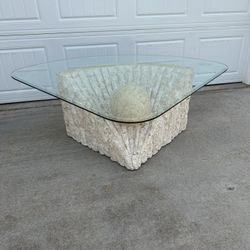 Vintage 1980s Postmodern Wedge Shaped Travertine Tessellated Mactan Stone Coffee Table 