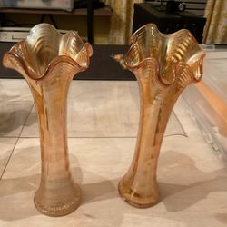 Vintage Imperial Carnival Glass Vases 10 Inches Tall And 3 Inch Wide Base