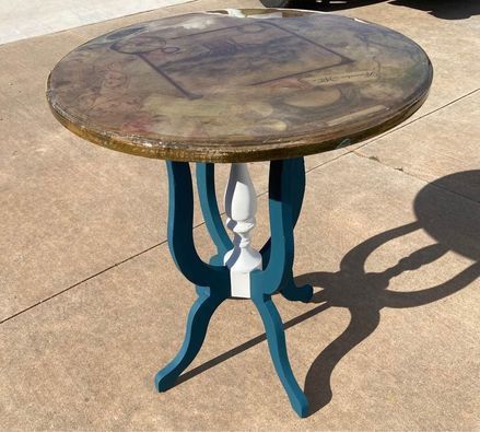 Round decoupage tree side or end table or accent table 29.5”H x 26”W