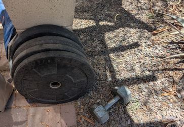 2  25 pound weights and 2 10 pound plates rubber and 1 20 pound dumbell