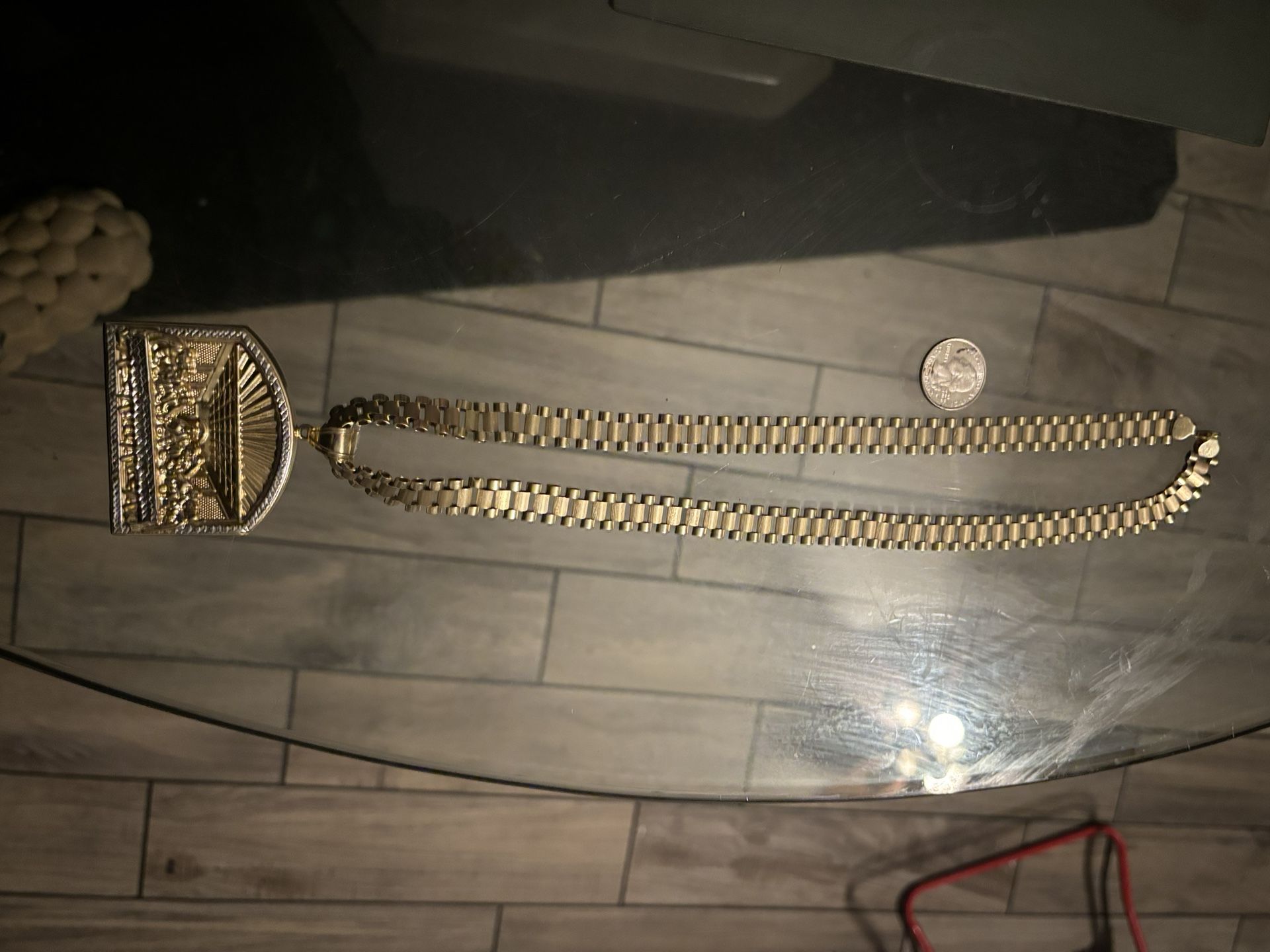 10k Gold  Rolex Chain With Huge 10k Gold Last Supper Pendant 60grams Total 