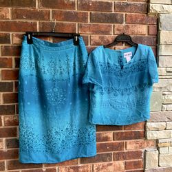 Plaza South Lined Blues Midi Skirt Set Wm 16