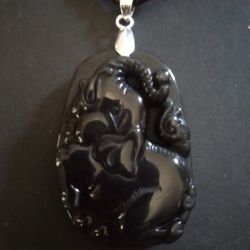 2" Black Obsidian Carved Elephant Pendant