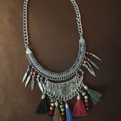 Vintage Silver Necklace With Mini Tassels And Silver Feather