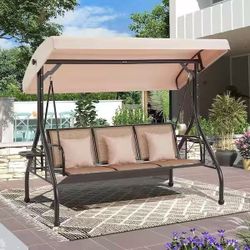 3-Seat Outdoor Porch Metal Swing with Adjustable Canopy, Patio Canopy Swing Bed with Side Cup Holder, BEIGE Cushions $180