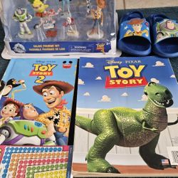 LOT OF TOY STORY 4, NEW FIGURINES, SANDALS SZ 7-8, BOOKS ETC