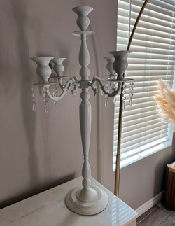 Tall White Crystal Candelabra – 5-Arm with Hanging Prisms