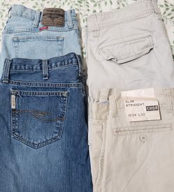 Mens Size 34×32 Pants! 2 Pairs Of Jeans Cinch & Wrangler And 2 Khaki Colored Pants 1 Cargo & 1 Straight Leg! Price For All!