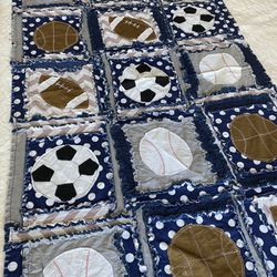 Retail $159 “A Vision to Remember” Sports Crib Rag Quilt 31”x53” great clean condition
