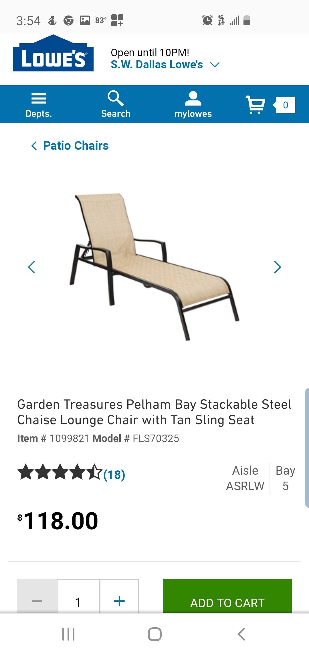 Garden Treasures Pelham Bay Stackable Steel Chaise Lounge Chair with Tan Sling Seat