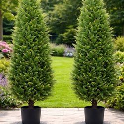 4ft Artificial Cedar Trees Artificial Topiary Trees Set of 2 Faux Cypress Plants UV Resistant Potted Bushes Faux Shrubs for Outdoor Indoor Front Porch