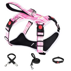 BABYLTRL No Pull Dog Harness with Leash & Collar Checkered Pink, Large, *NEW*