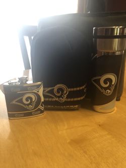 LA Rams whiskey flask, beanie, chrome cup