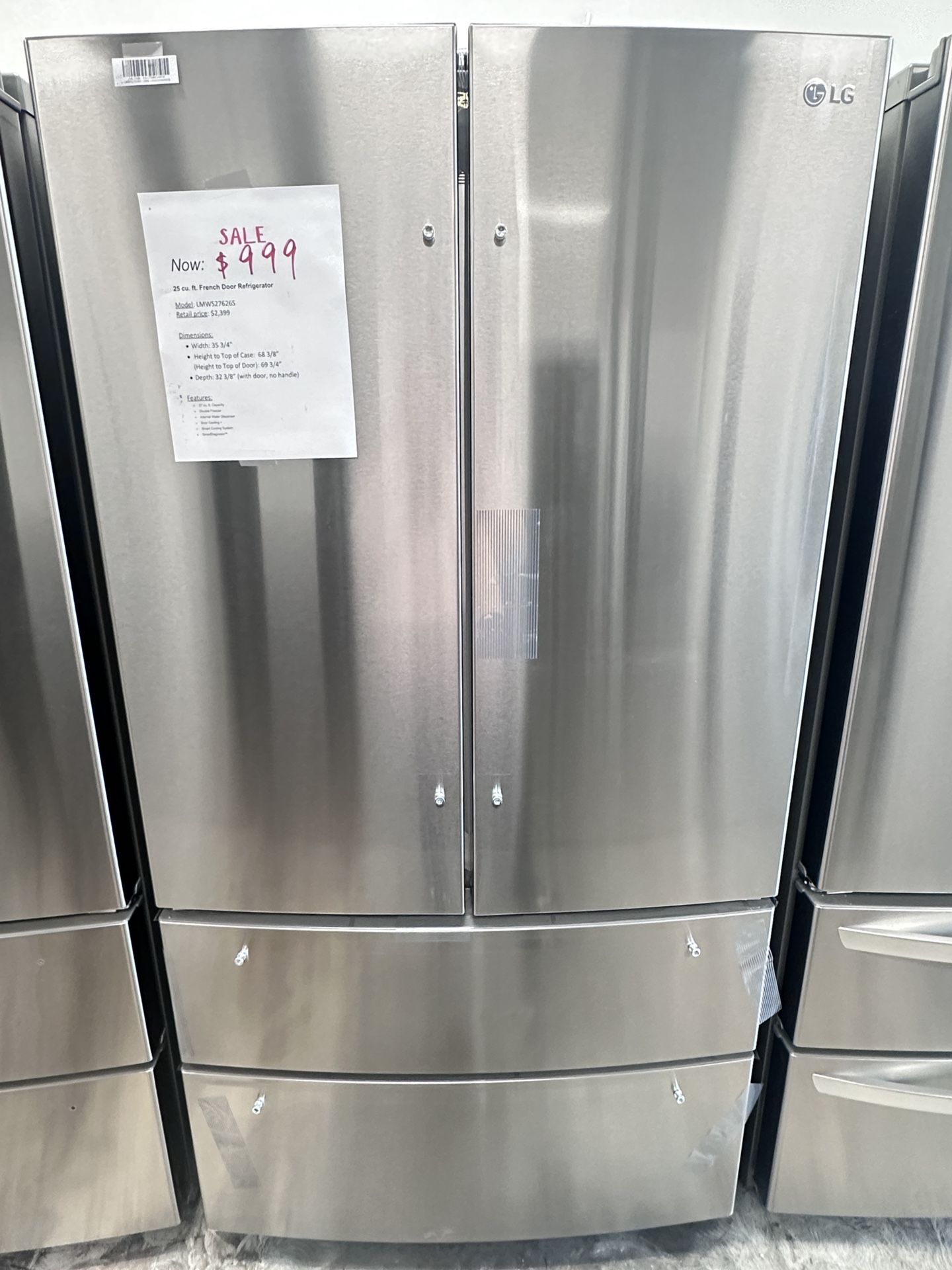 Unused LG 36” Wide Refrige Double Freezer With Internal Water And Ice Maker