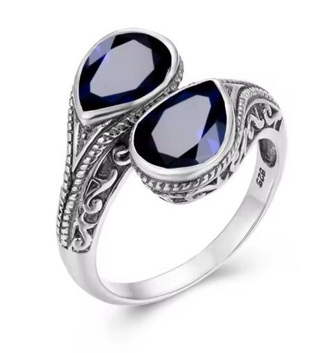 925 Sterling Silver Simulated Blue Sapphire Double Teardrop Adjustable Ring 