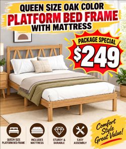 Brand new box Oak color queen size platform bed frame with double-sided 12-in mattress special