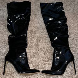 Knee High Heel Leather Black Boots - Size 10