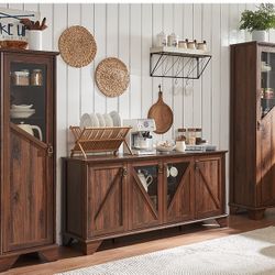 TV Stand 3 Piece -Farmhouse Entertainment Center Featuring 60" High Bookcase on The Left and 70" High Bookcase on The Right, Four-Door TV Stand Suited