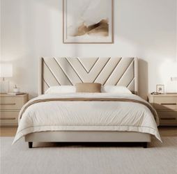 Upholstered Platform Bed with Tufted Headboard, Queen, Beige