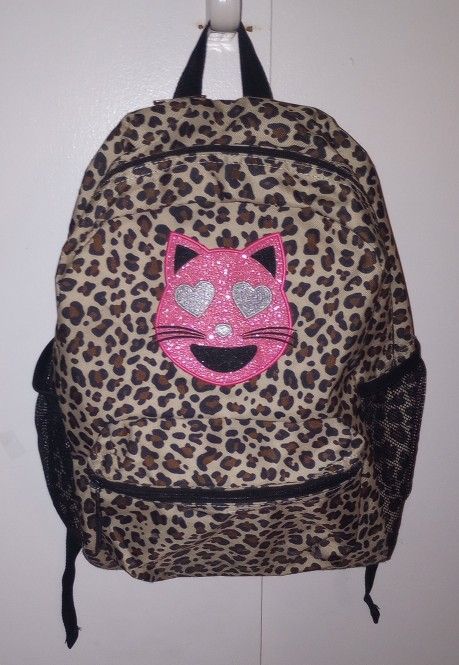 Children's Place Leopard Print Cat Face Sparkly Pink Backpack