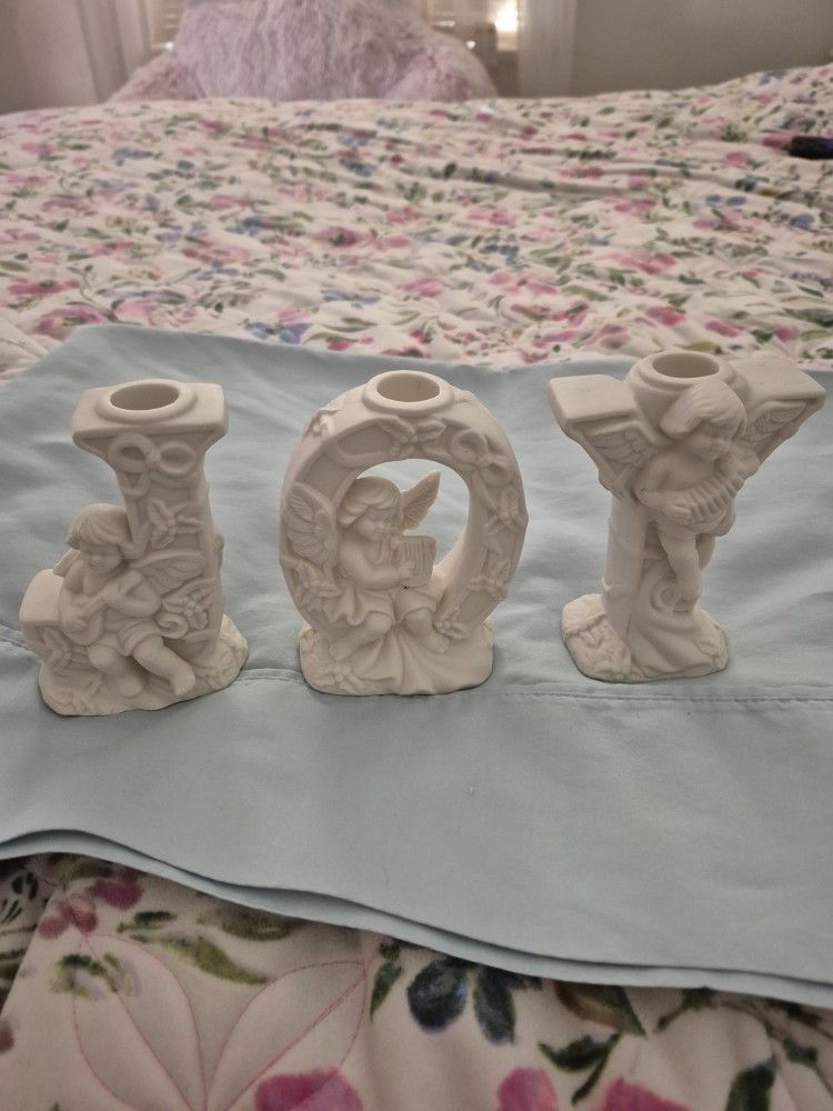 CERAMIC taper CANDLESTICK Holders Spell JOY WITH ANGELS