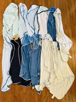 12 Pack: Assorted Boy’s Infant Hooded Towels; Mostly Blue & White; Nautical Themes