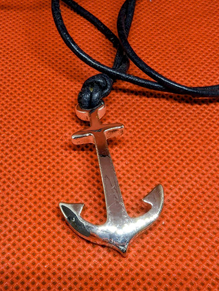 Leather & Stainless Anchor Pendant Necklace Adjustable