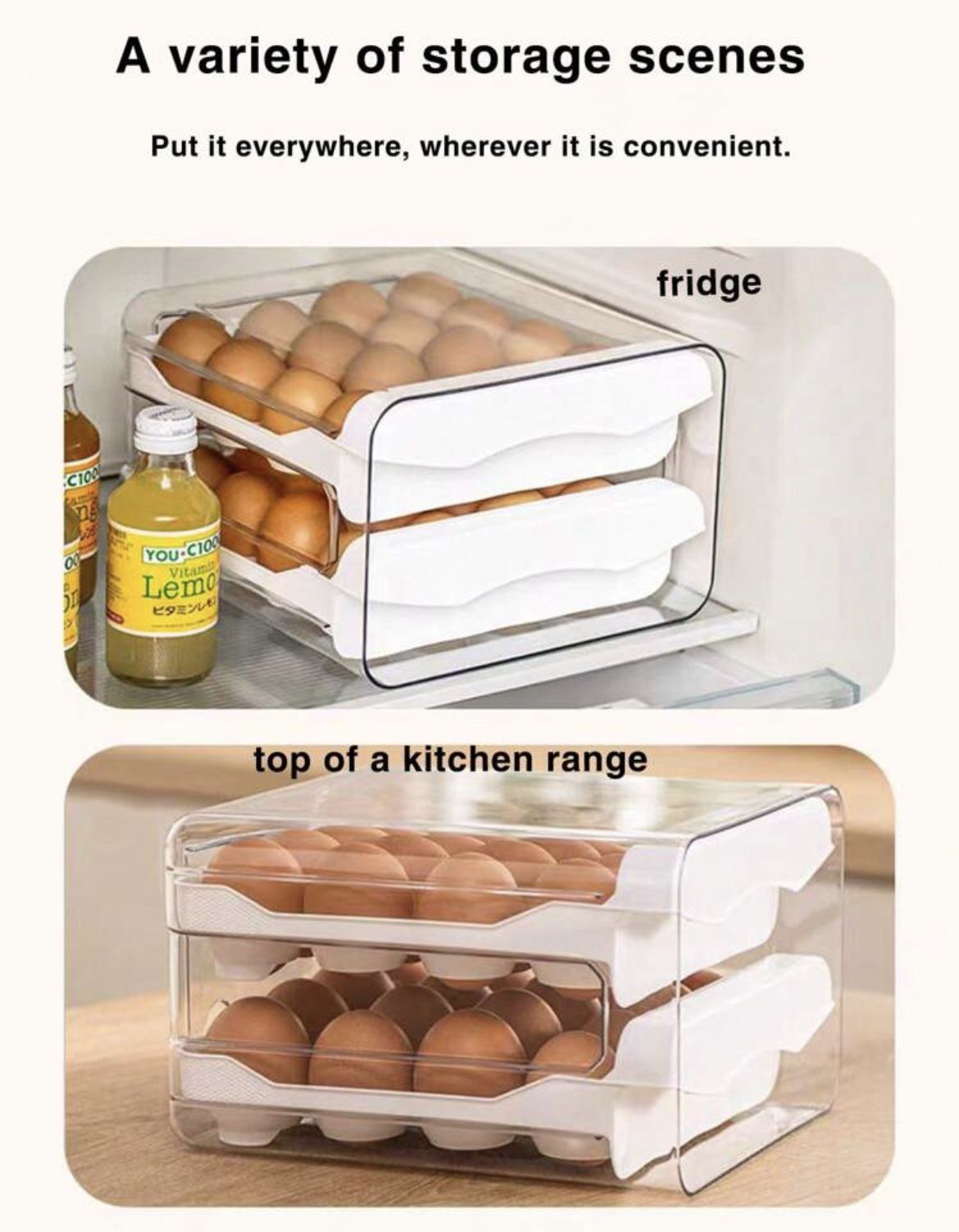 1 Pack 2 LayerLarge Capacity Egg Holder For Refrigerator, Egg Storage Container Organizer Bins, Stackable Clear Plastic Storage Container, Fridge Egg