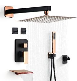 Shower Faucet Set with Tub Spout, Matte Black and Rose Gold Rainfall Shower System, 10 Inch 