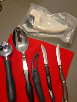 Cuto knives, sharpener, ice cream scoop, serving spoon $50